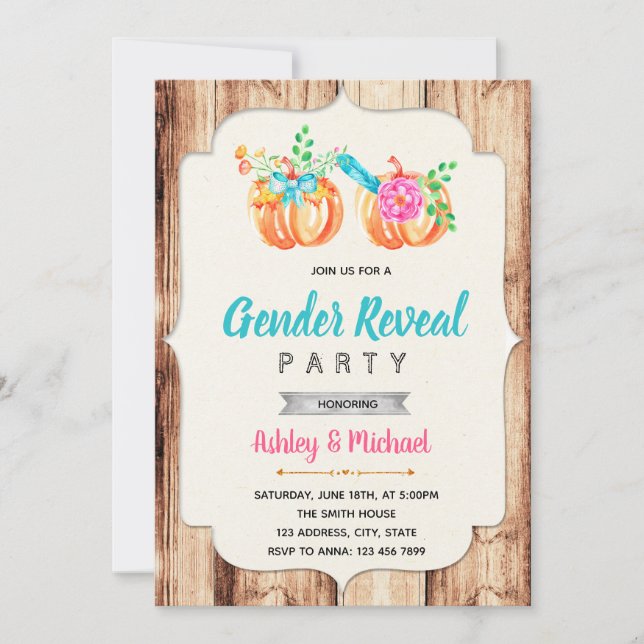 Pumpkin gender reveal party invitation (Front)