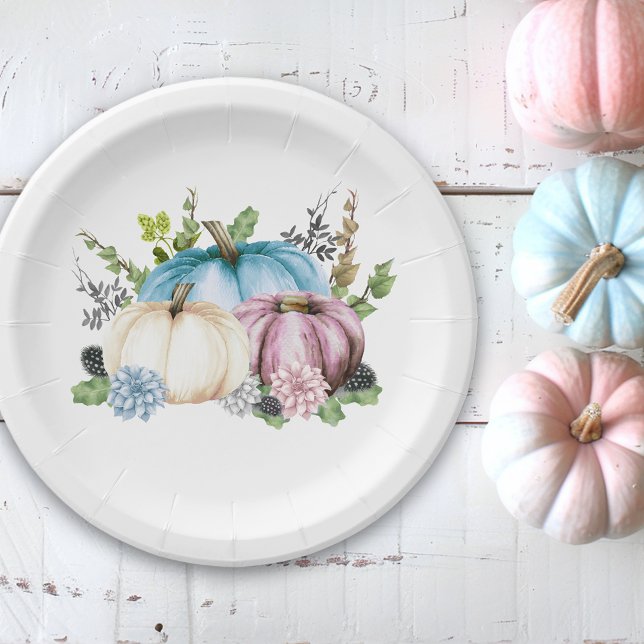 Pumpkin Gender reveal Pink Blue Pumpkins Paper Plate (Creator Uploaded)