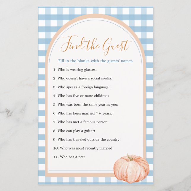 Pumpkin Gingham 1st Birthday Find the Guest Game (Front)