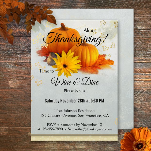 Pumpkin Gold Thanksgiving Dinner Party Invitation (Thanksgiving invitation featuring colorful pumpkins on a grey painted background with gold sparkles)