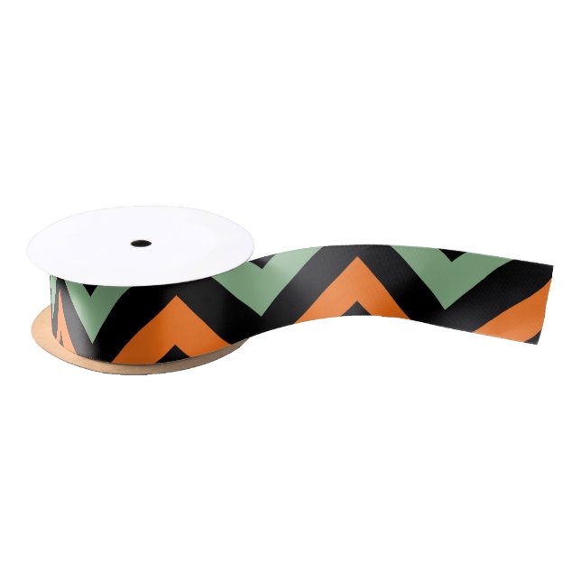 Pumpkin, Green and Black Chevron Stripes Ribbon Satin Ribbon (Spool)