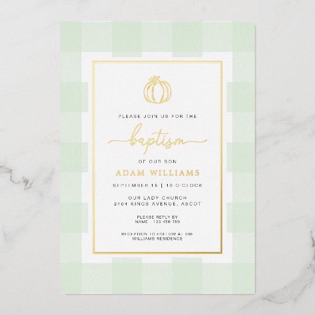 Pumpkin Green Gingham Baptism Gold Foil Invitation (Front)