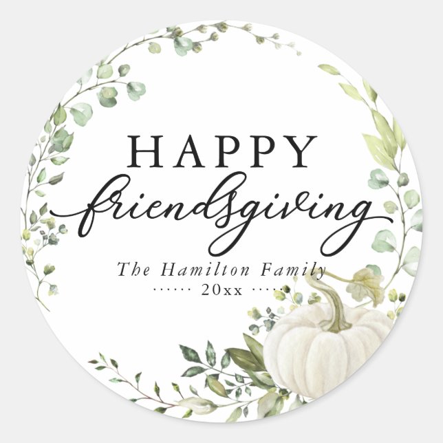 Pumpkin Greenery Wreath Friendsgiving Dinner Classic Round Sticker (Front)