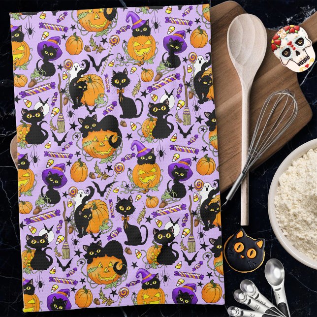 Pumpkin Halloween Candy Black Cats Kitchen Towel (Creator Uploaded)