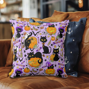 Pumpkin Halloween Candy Black Cats Throw Pillow