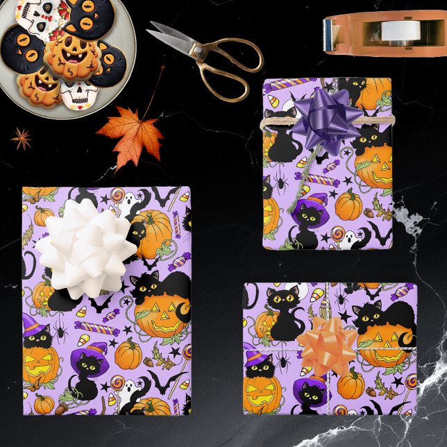 Pumpkin Halloween Candy Black Cats Wrapping Paper Sheet (Creator Uploaded)