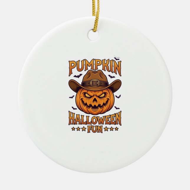 Pumpkin Halloween Fun Jack Lantern Cowboy Hat Bats Ceramic Ornament (Front)