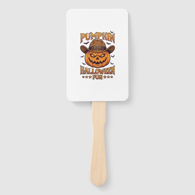 Pumpkin Halloween Fun Jack Lantern Cowboy Hat Bats Hand Fan (Front)