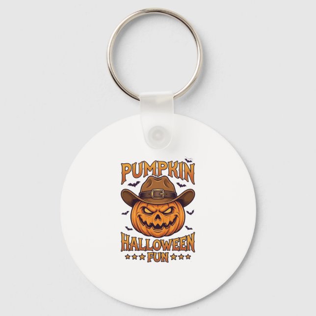 Pumpkin Halloween Fun Jack Lantern Cowboy Hat Bats Keychain (Front)