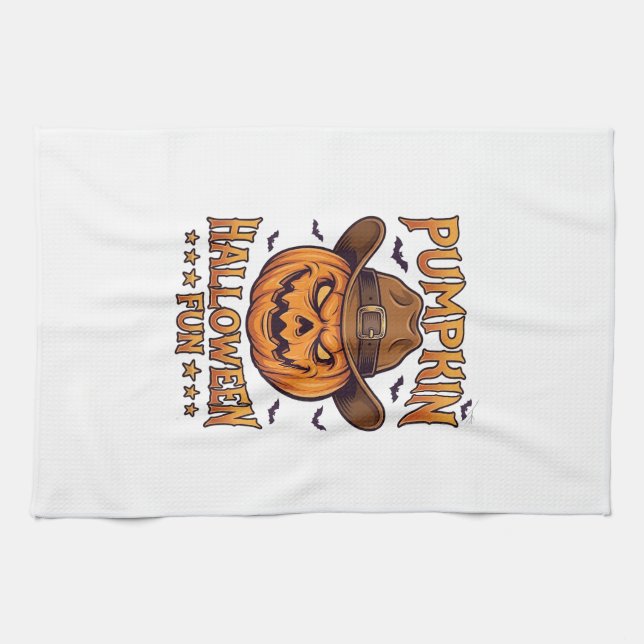 Pumpkin Halloween Fun Jack Lantern Cowboy Hat Bats Kitchen Towel (Horizontal)