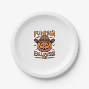 Pumpkin Halloween Fun Jack Lantern Cowboy Hat Bats Paper Plate