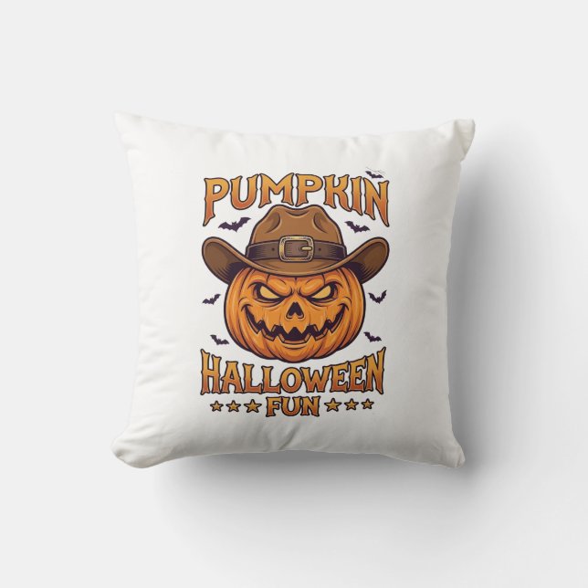 Pumpkin Halloween Fun Jack Lantern Cowboy Hat Bats Throw Pillow (Front)