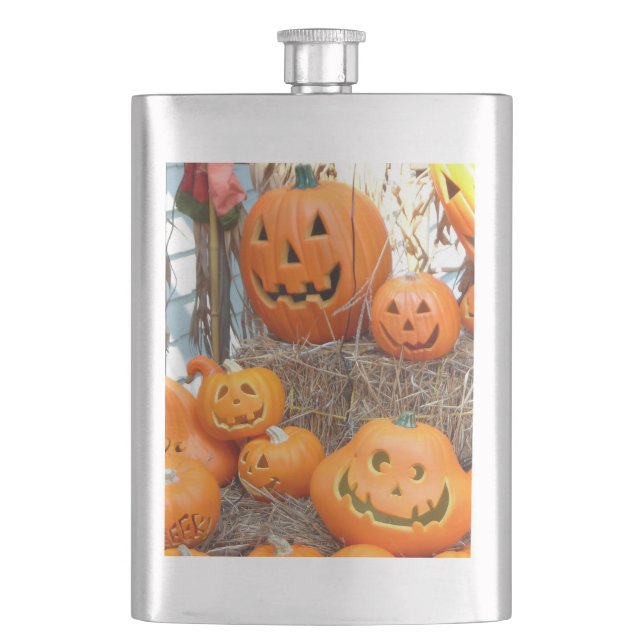 Pumpkin halloween jack o lantern orange pumpkins hip flask (Front)