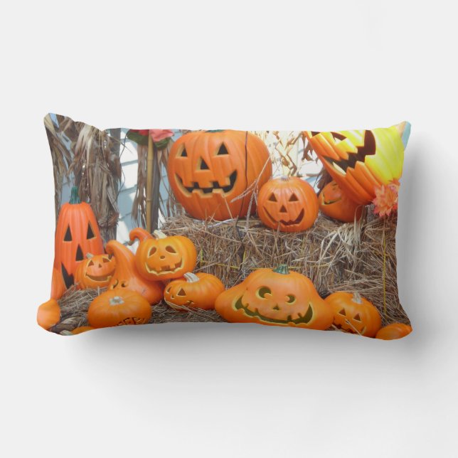 Pumpkin halloween jack o lantern orange pumpkins lumbar pillow (Front)