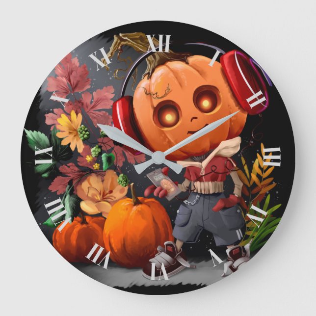 Pumpkin Halloween music lover Large Clock (Front)
