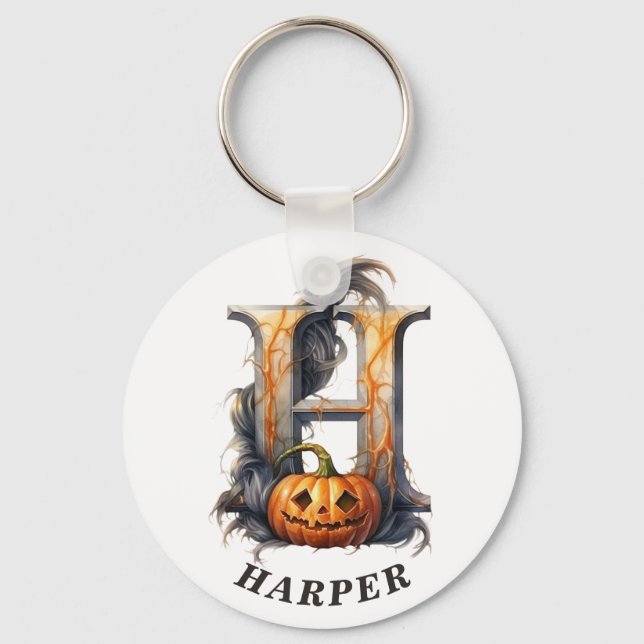Pumpkin Halloween Name Letter H Floral Monogram Keychain (Front)