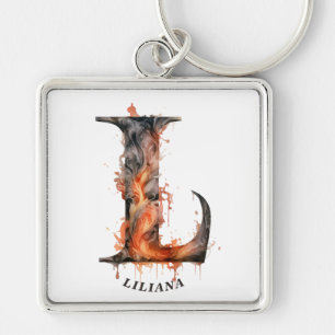 Pumpkin Halloween Name Letter L Floral Monogram Keychain