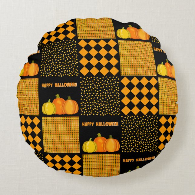 Pumpkin Halloween Patchwork Pattern Round Pillow (Front)