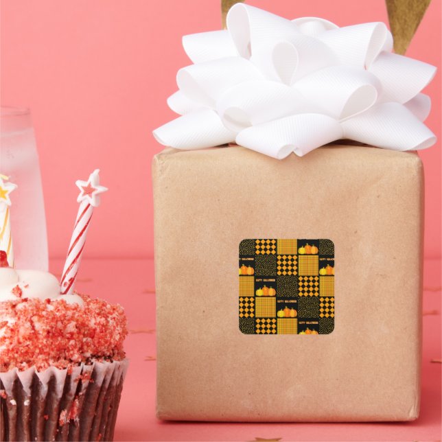 Pumpkin Halloween Patchwork Pattern Square Sticker (Party)