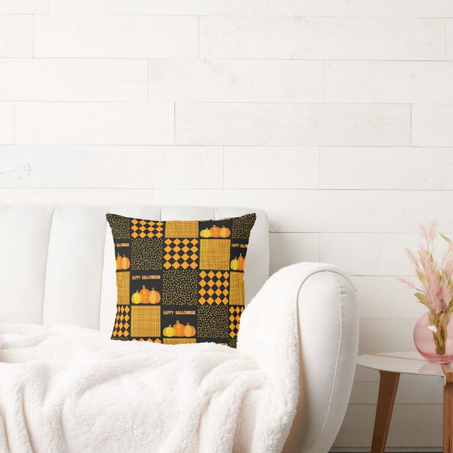 Pumpkin Halloween Patchwork Pattern Throw Pillow (Couch)