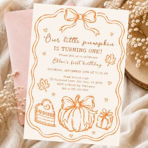 pumpkin hand drawn doodle autumn bow cake Slice Invitation