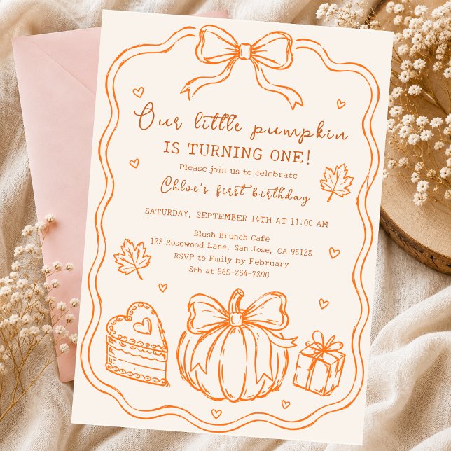 pumpkin hand drawn doodle autumn bow cake Slice Invitation (Creator Uploaded)