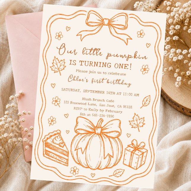 pumpkin hand drawn doodle autumn bow cake Slice Invitation (Creator Uploaded)