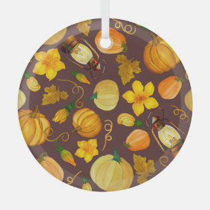 Pumpkin Harvest Autumn Watercolor Pattern Glass Ornament