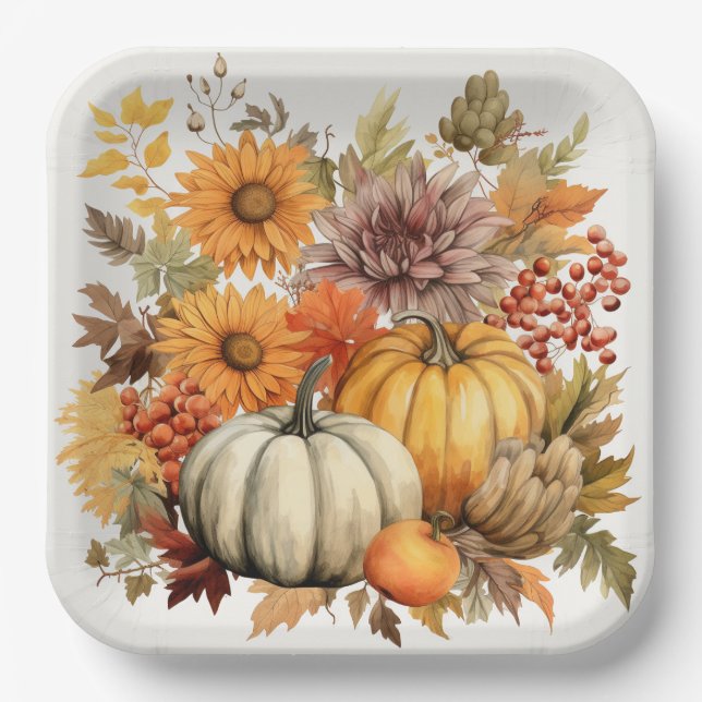 Pumpkin Harvest Floral Medley: Foliage and Florals Paper Plate (Front)