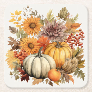 Pumpkin Harvest Floral Medley: Foliage and Florals Square Paper Coaster