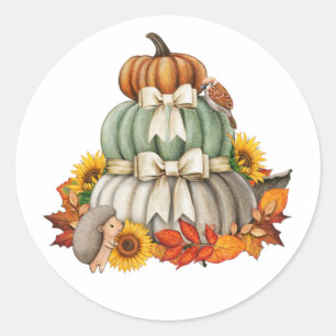 Pumpkin Harvest, Hedgehog and Bird Cute Nature Classic Round Sticker