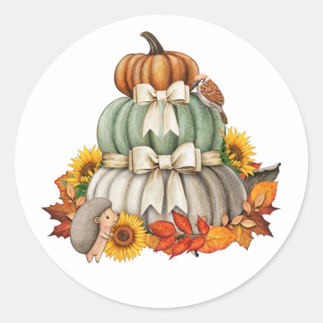 Pumpkin Harvest, Hedgehog and Bird Cute Nature Classic Round Sticker (Front)