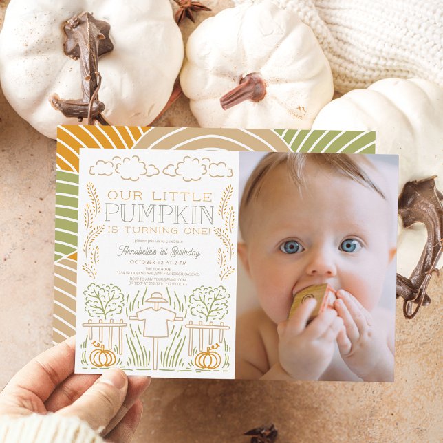 Pumpkin Harvest Scarecrow Photo 1st Birthday Invitation (Creator Uploaded)