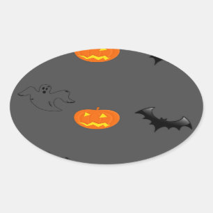 Pumpkin head, bat and ghost on grey oval sticker