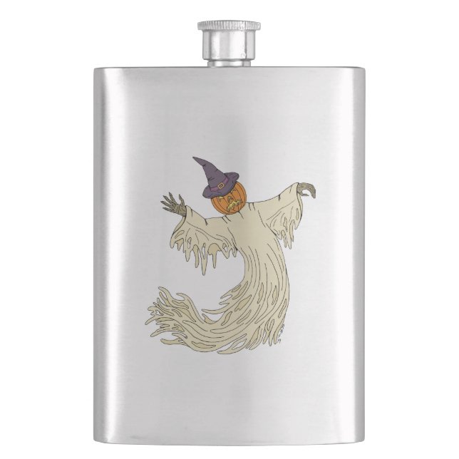 Pumpkin-Headed Ghost Halloween Art Hip Flask (Front)