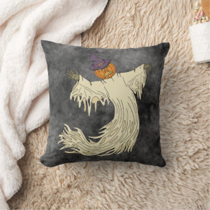 Pumpkin-Headed Ghost Halloween Art Throw Pillow