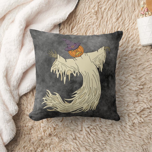 Pumpkin-Headed Ghost Halloween Art Throw Pillow (Blanket)