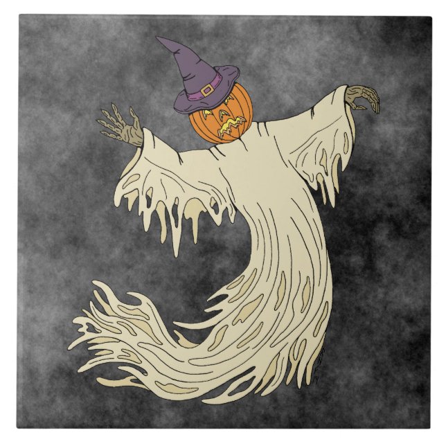 Pumpkin-Headed Ghost Halloween Art Tile (Front)