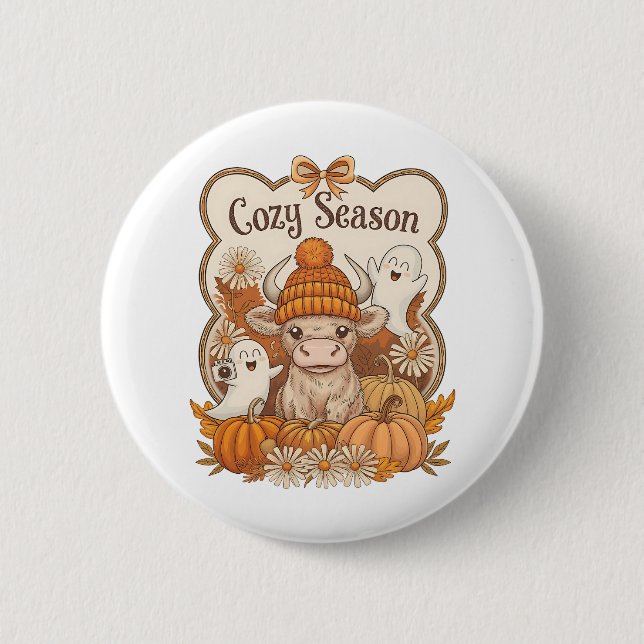 Pumpkin-highland Cow Ghost Halloween 2 Inch Round Button (Front)