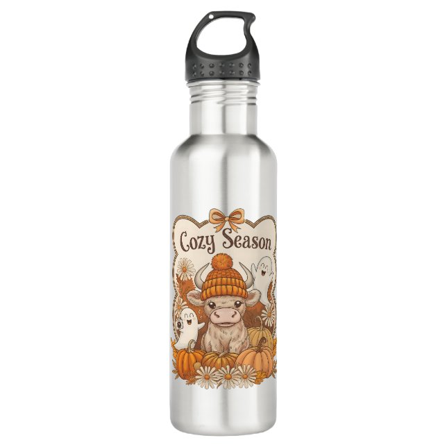 Pumpkin-highland Cow Ghost Halloween 710 Ml Water Bottle (Front)
