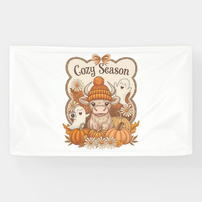 Pumpkin-highland Cow Ghost Halloween Banner (Horizontal)