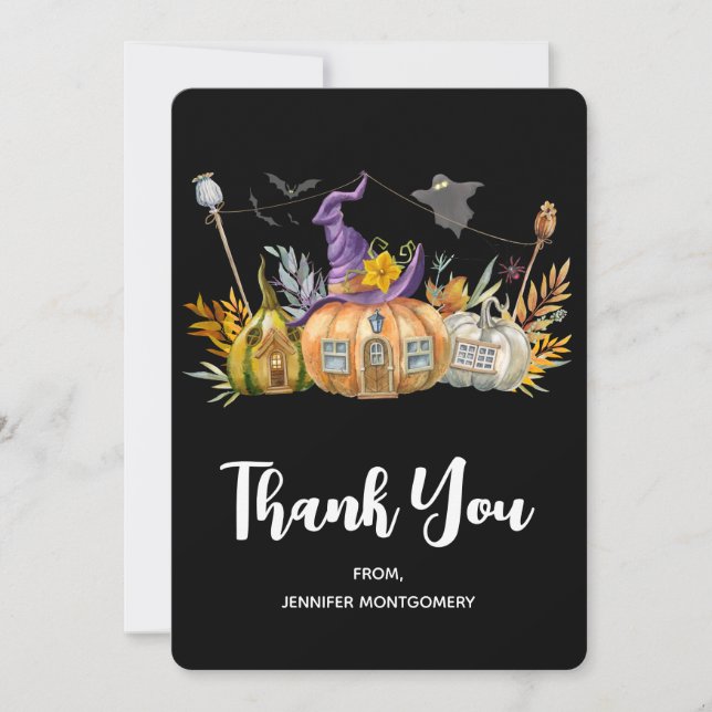 Pumpkin House with Ghost & Bats Thank You Card (Front)