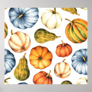 Pumpkin Illustration: Seamless Watercolor Pattern Poster