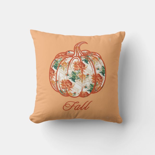 Pumpkin in a Chrysanthemum Pattern Throw Pillow (Front)