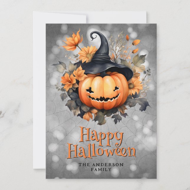 Pumpkin In A Hat Flowers Happy Halloween Card (Front)