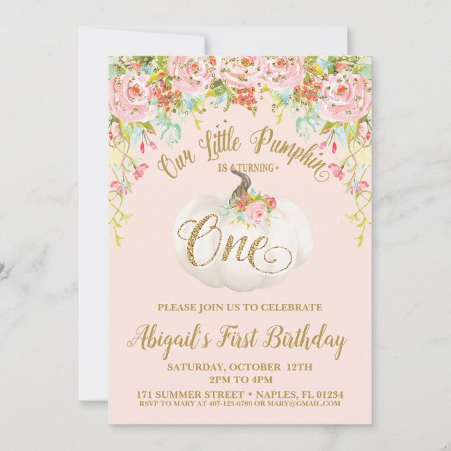 Pumpkin Invitation, Pumpkin First Birthday Invitation (Front)