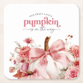 Pumpkin Is On The Way Pink Pumpkin Baby Shower  Square Paper Coaster