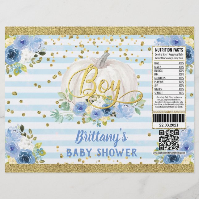 Pumpkin It's A Boy Baby Shower Chip Bag Wrapper (Front)