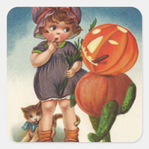 Pumpkin Jack O Lantern Cat Girl Square Sticker