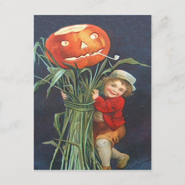 Pumpkin Jack O Lantern Cornstalk Boy Postcard (Front)
